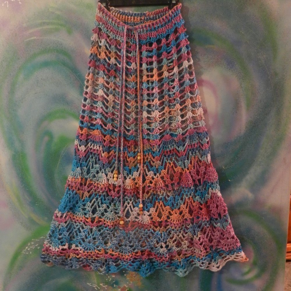 OOAK crochet boho mermaid skirt swim coverup custom handcrafted rose teal citrus - Picture 2 of 16